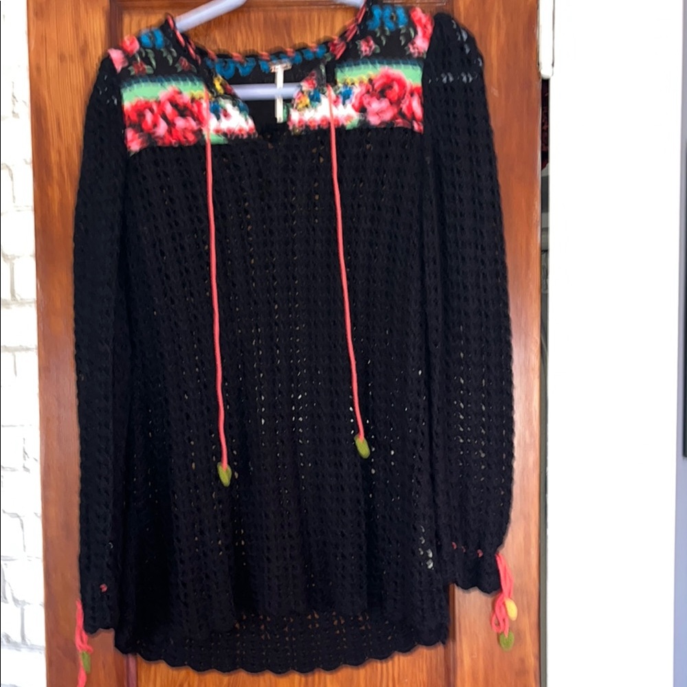 Free People Black Crochet Sweater with Floral Yoke and Pink Ties